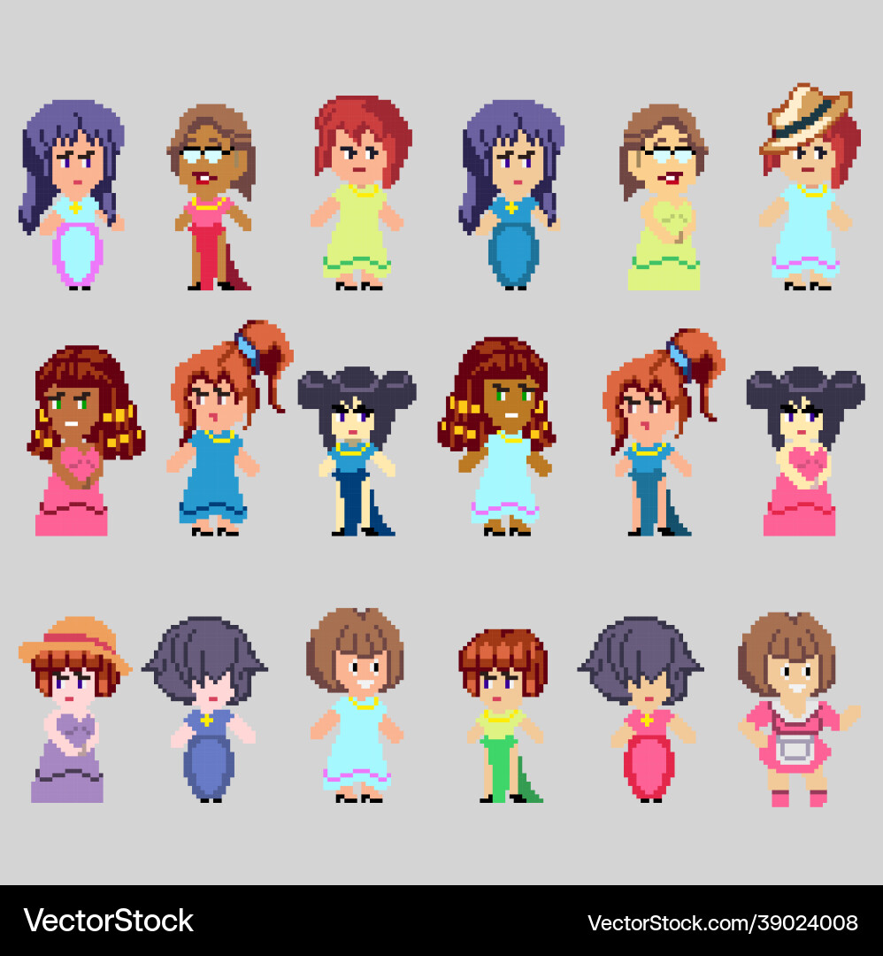 Set pixel characters in art style vector image