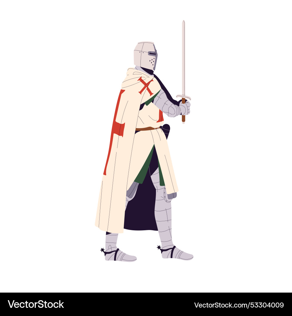 Crusader in cloak with sword hands medieval Crusader in cloak with sword hands medieval Vector Image