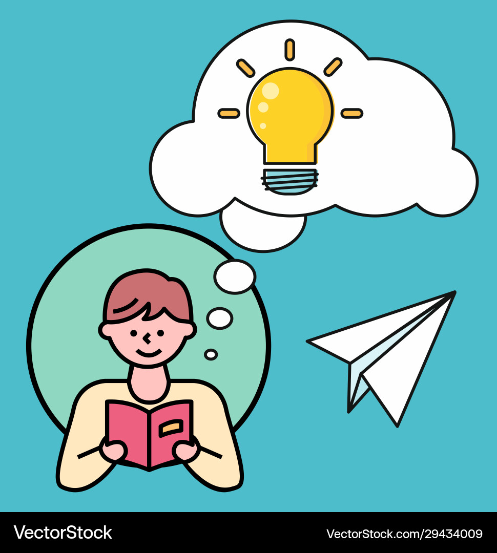 Man reading book thoughts bubble with light bulb Man reading book thoughts bubble with light bulb vector image