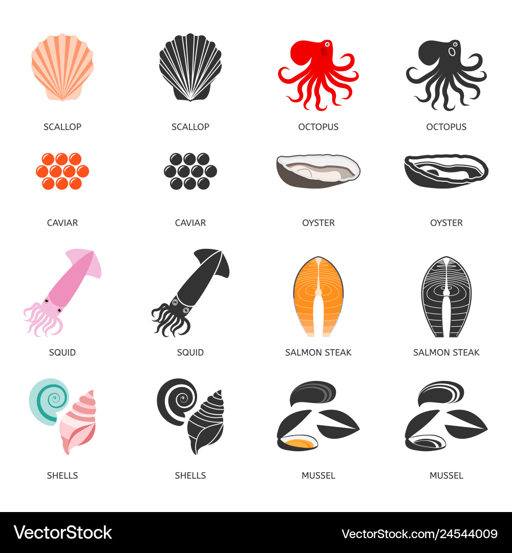 Seafood and fish icons set with two types Seafood and fish icons set with two types vector image