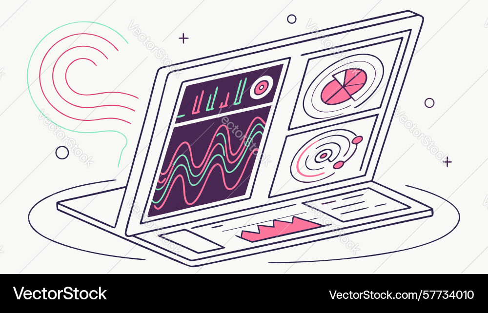 Laptop displaying digital waveform and data vector image