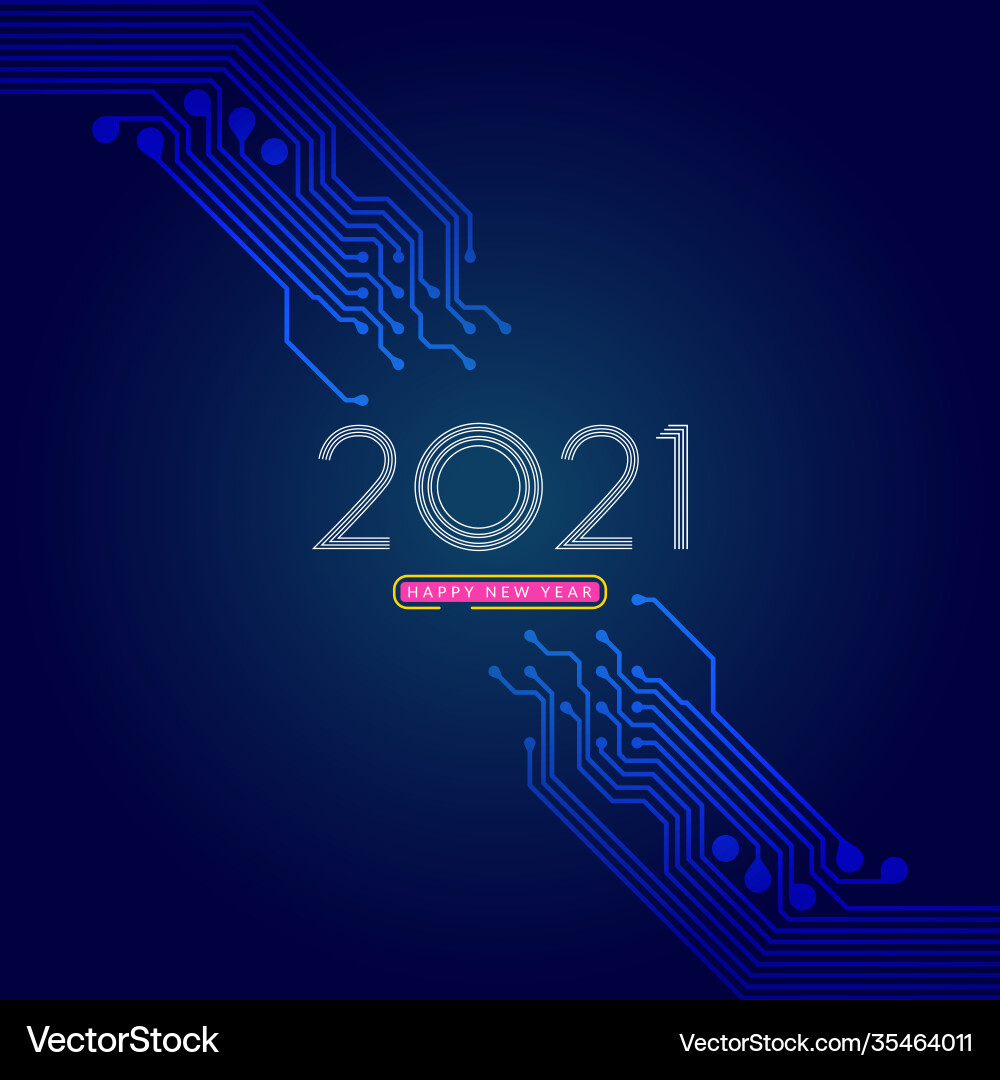 2021 happy new year text design with circuit 2021 happy new year text design with circuit vector image
