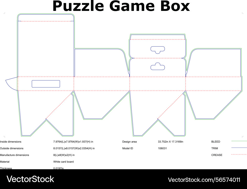 Puzzle game box design template dimensions bleed Puzzle game box design template dimensions bleed Vector Image