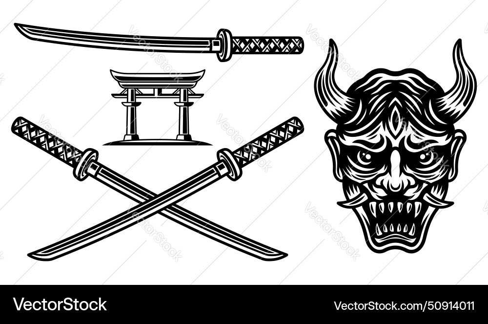 Samurai set of objects or design elements vector image