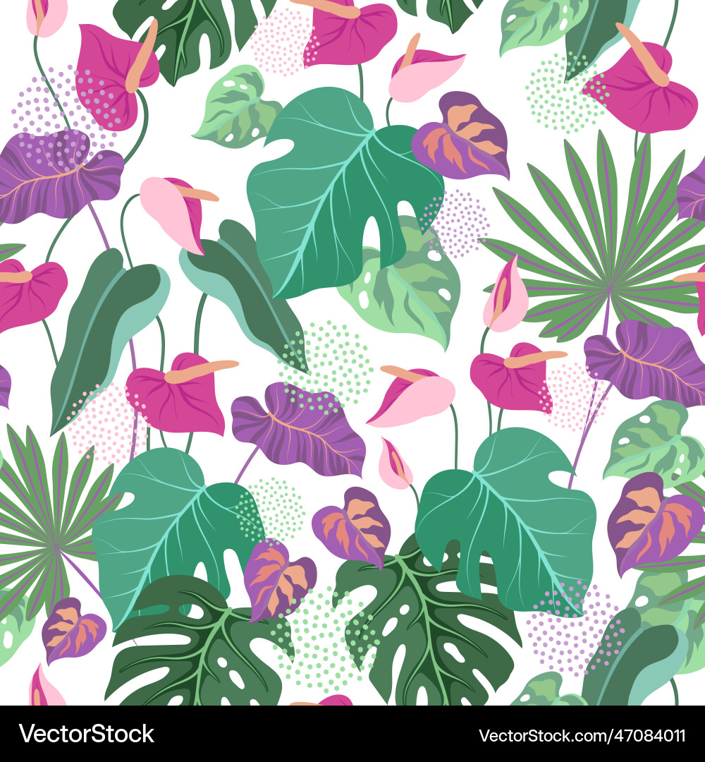 Tropical Leaf Pattern with Anthurium Vector Image