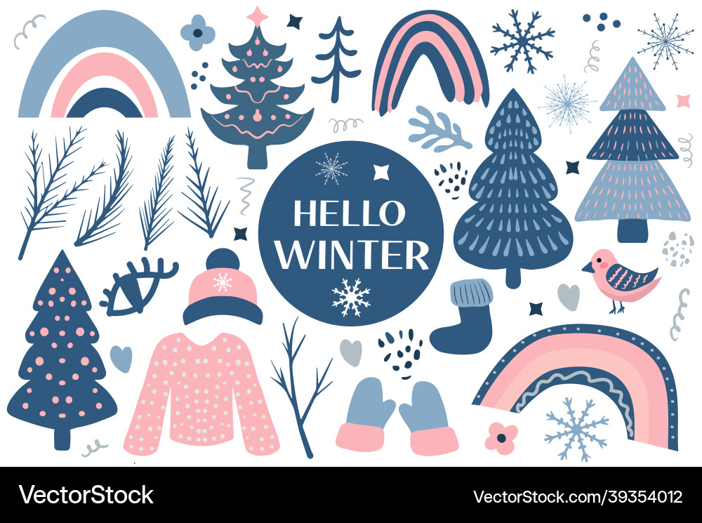Hello winter boho set elements bohemian Hello winter boho set elements bohemian vector image