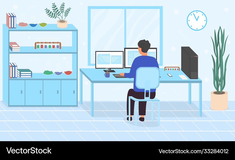 Man doing online research working at computers Man doing online research working at computers vector image