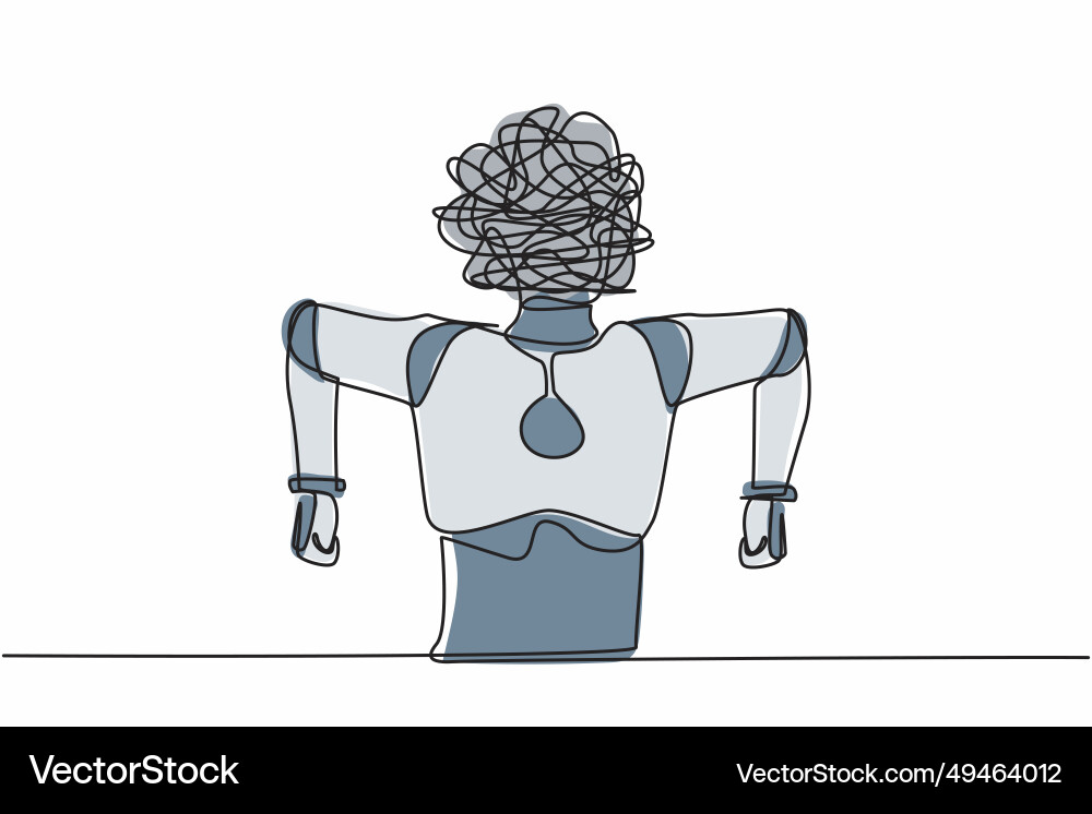 Single one line drawing robot with round scribble vector image