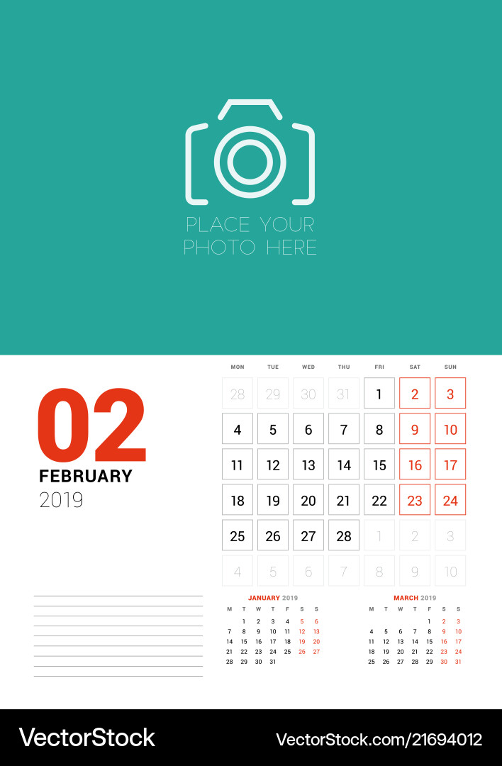 Wall calendar planner template for february 2019 Wall calendar planner template for february 2019 vector image
