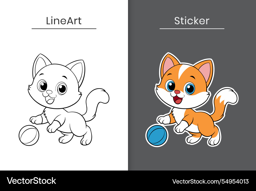 A cute kitten outline and sticker cartoon Vector Image