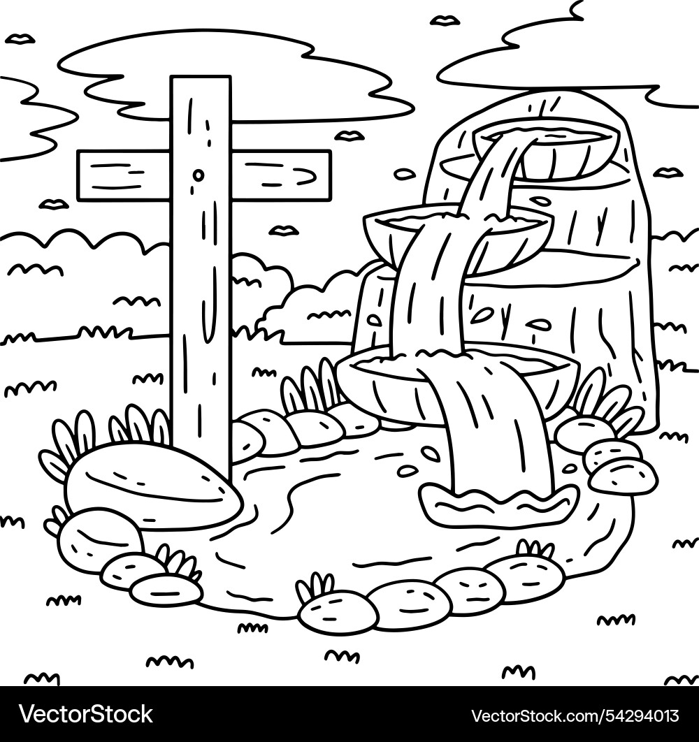 Baptism fountain and cross coloring page for kids Vector Image