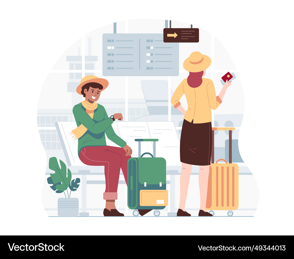 Man with suitcase waiting for a flight Man with suitcase waiting for a flight Vector Image