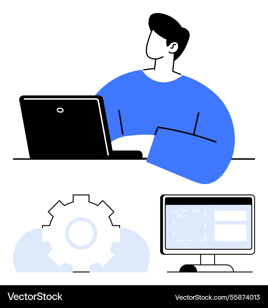 Man working on laptop with project interface Man working on laptop with project interface Vector Image