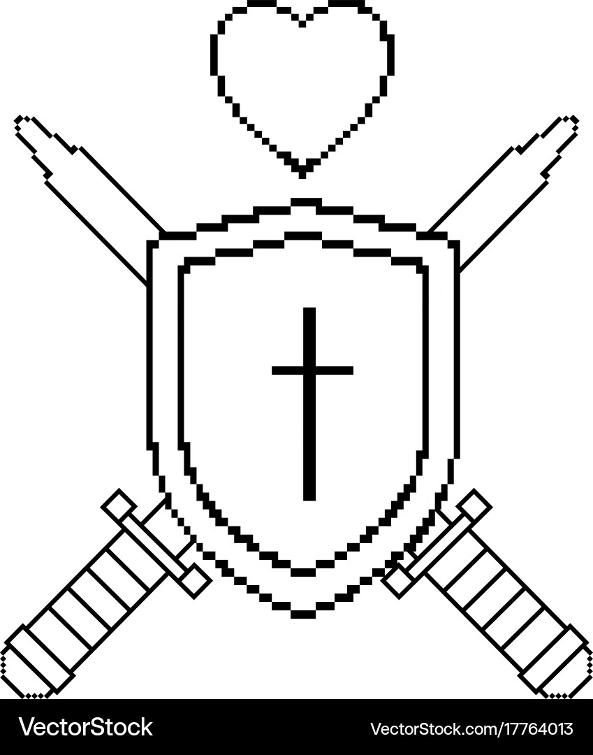 Pixelated shield with sword and heart game icon Vector Image