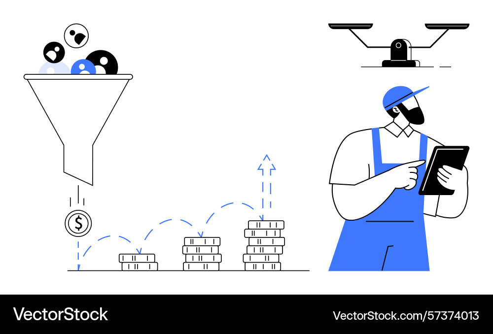 Worker managing production funnel with coin output Worker managing production funnel with coin output vector image