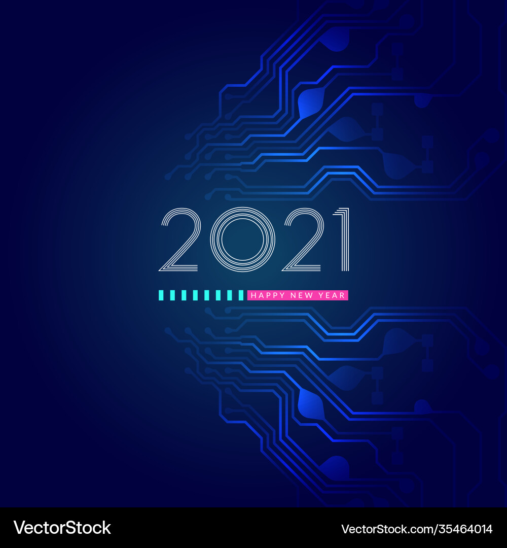 2021 happy new year text design with circuit 2021 happy new year text design with circuit vector image