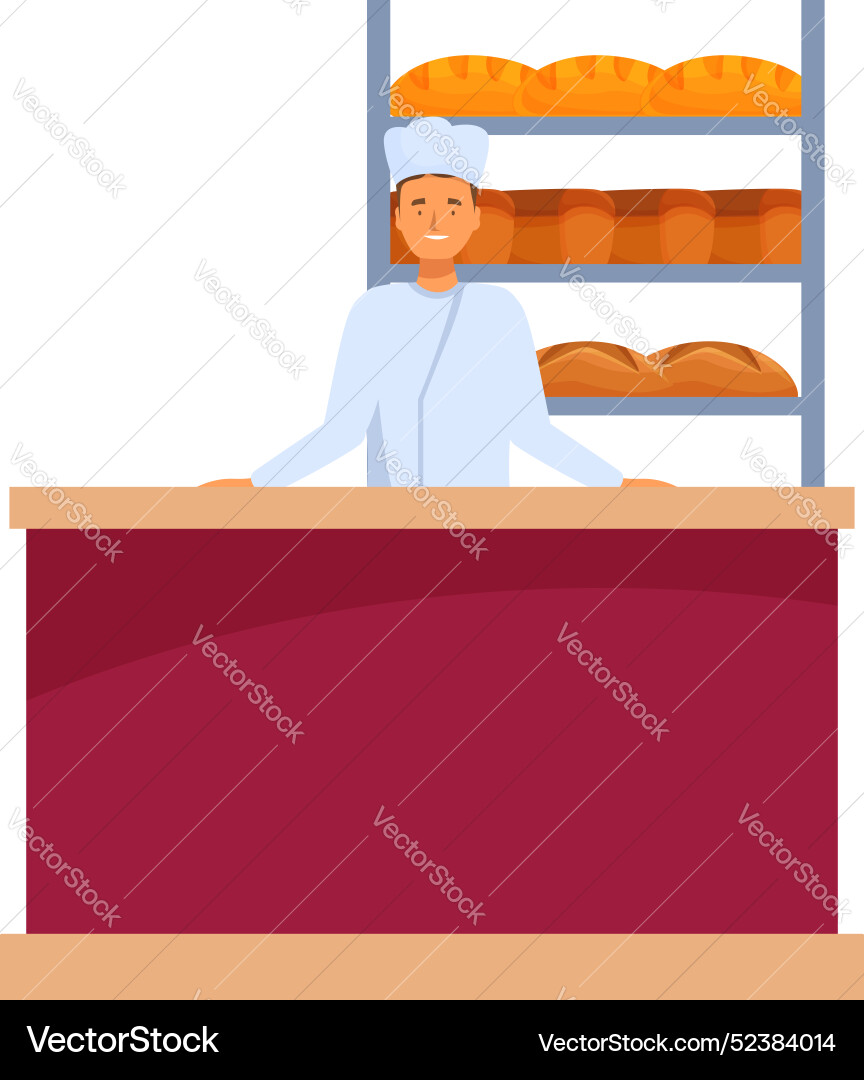 Baker smiling standing behind counter with bread Baker smiling standing behind counter with bread vector image