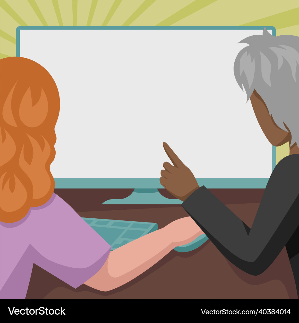 Couple drawing using desktop computer helping Vector Image