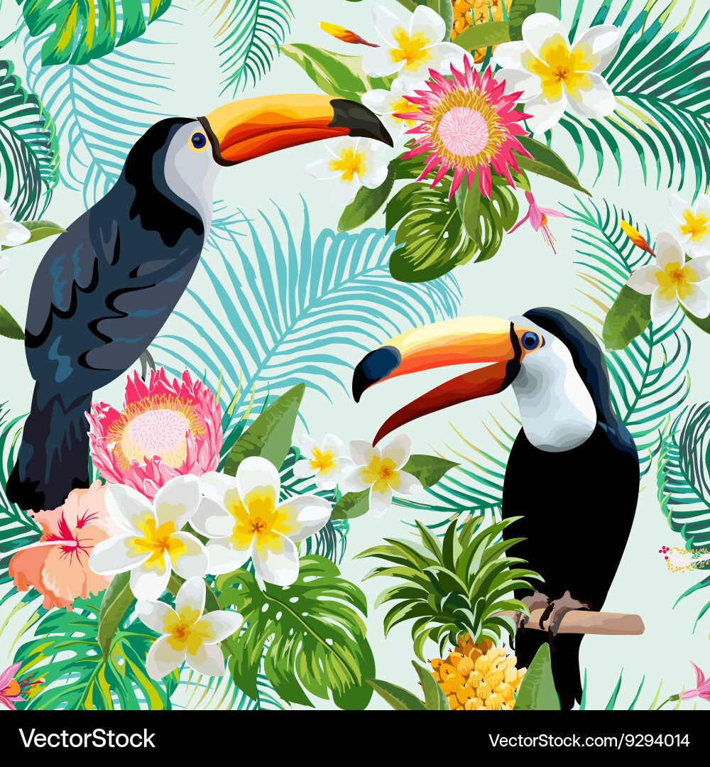 Tropical Birds and Flowers Pattern Vector Image