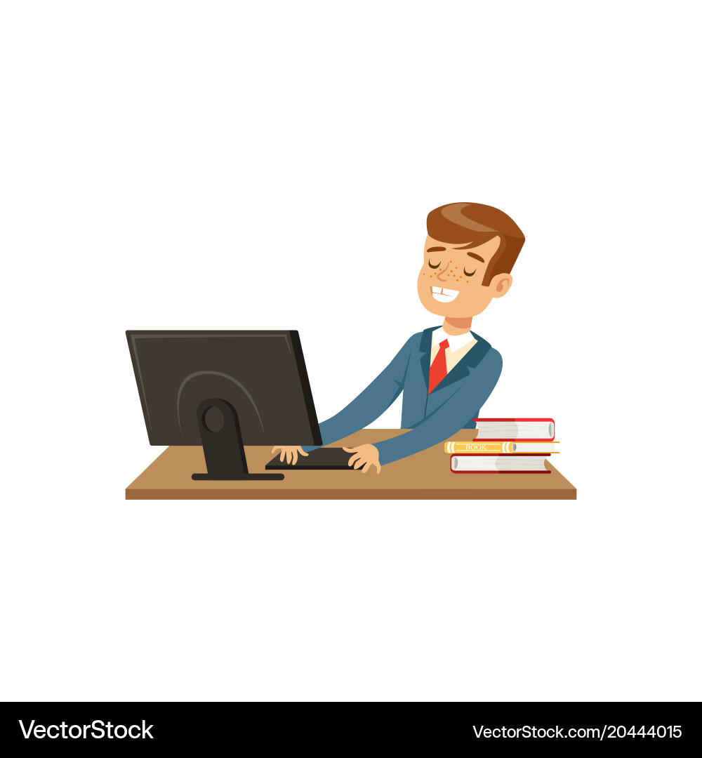 Smiling schoolboy using laptop computer Vector Image