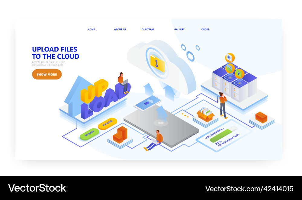 Upload files to cloud storage landing page design Upload files to cloud storage landing page design vector image