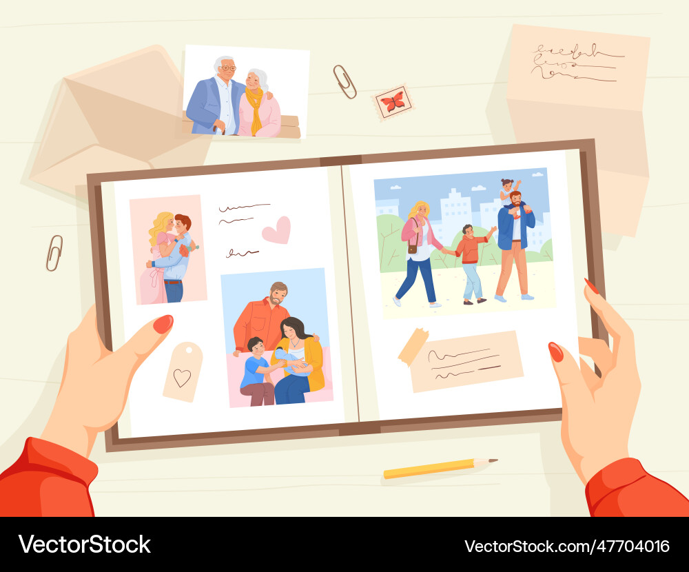 Hände halten Familienalbum weibliche Hand mit Buch Hände halten Familienalbum weibliche Hand mit Buch vektorbild
