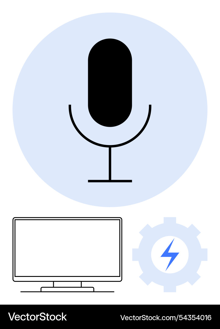 Podcast recording setup with microphone monitor Podcast recording setup with microphone monitor vector image