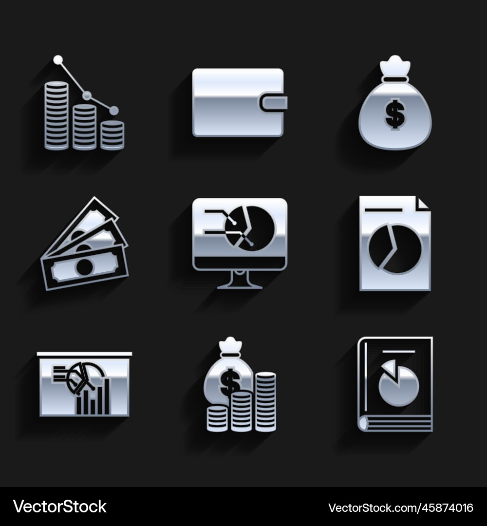 Set computer monitor with graph chart money bag Set computer monitor with graph chart money bag vector image