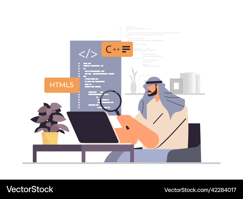 Arabische Web-Entwickler erstellen Programmcode auf Laptop Vektorbild
