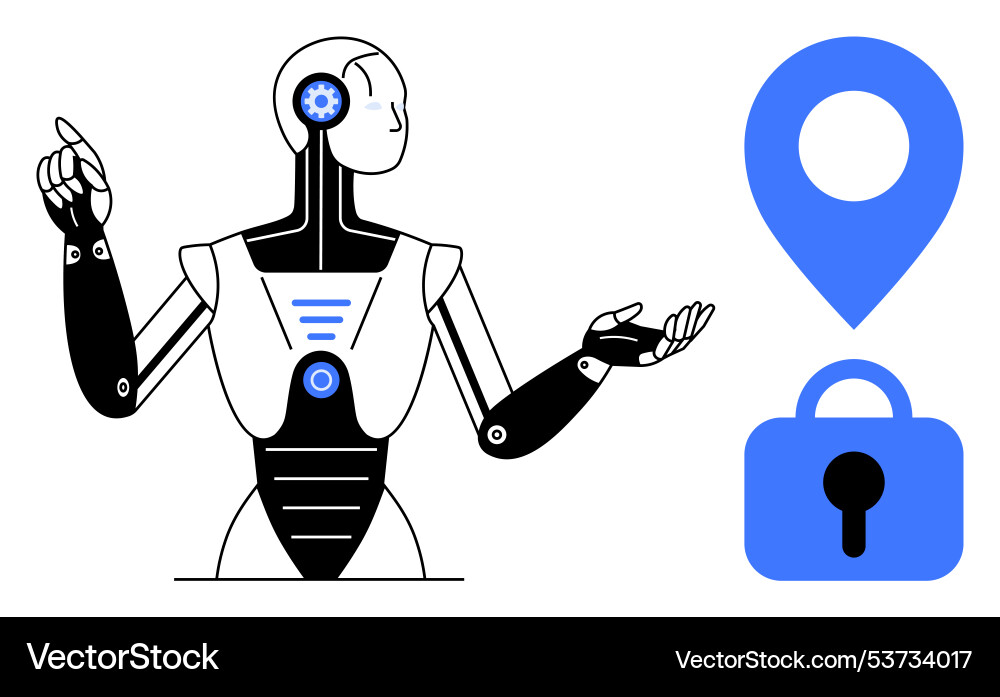 Robot pointing with lock and location symbols Robot pointing with lock and location symbols vector image