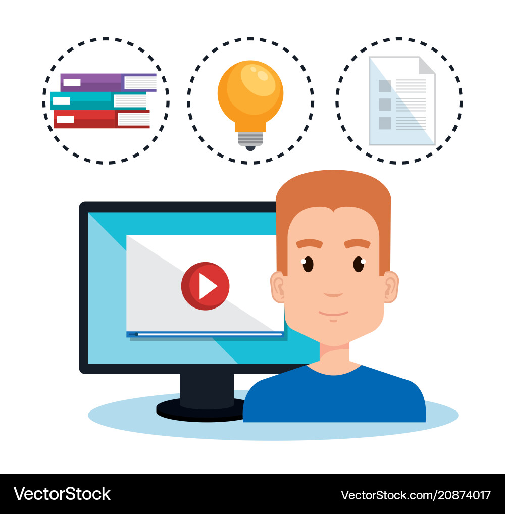 Student using computer desktop electronic Student using computer desktop electronic vector image