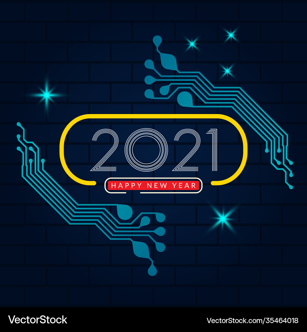 2021 happy new year text design with circuit 2021 happy new year text design with circuit vector image
