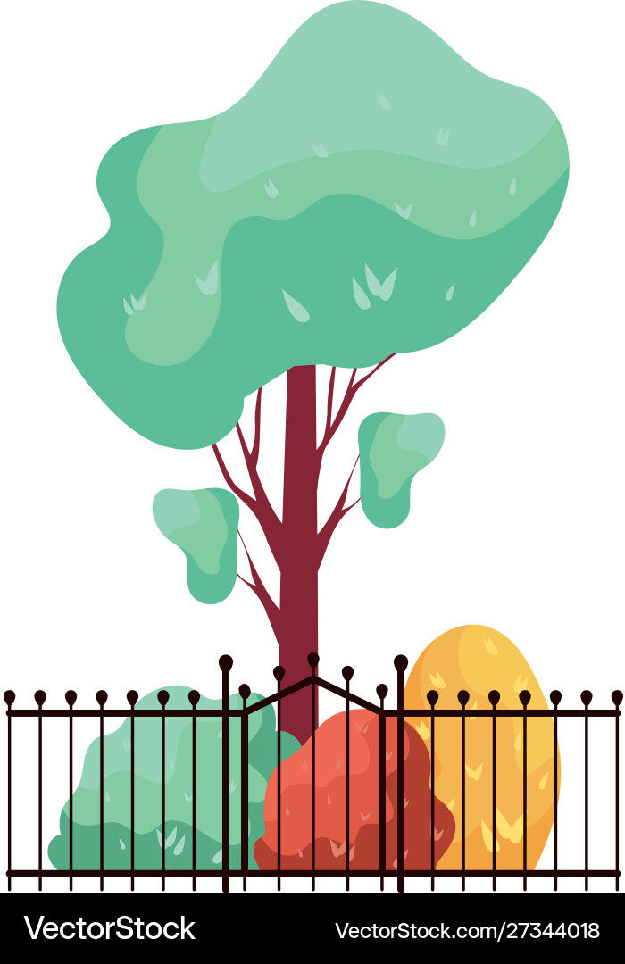 Autumn tree plant with bush and fence in ceramic Vector Image