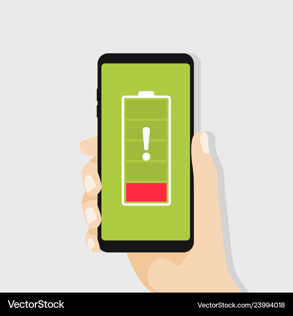 Hand holding smartphone with red low battery Hand holding smartphone with red low battery vector image