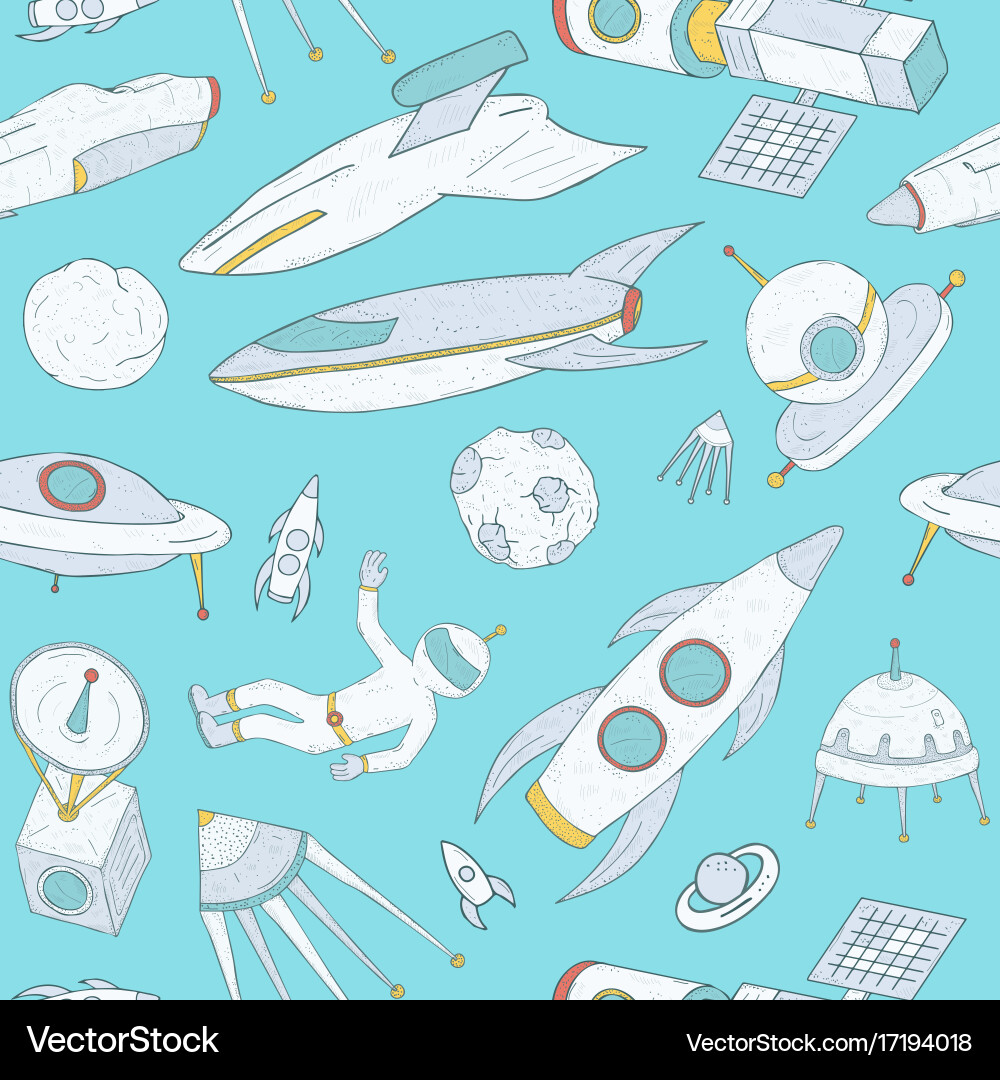Seamless pattern with cartoon space objects hand vector image