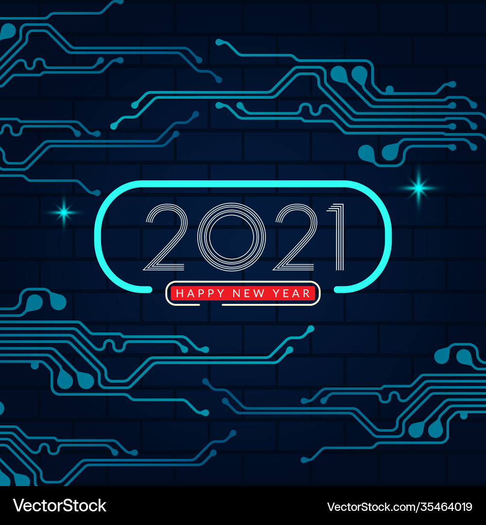2021 happy new year text design with circuit 2021 happy new year text design with circuit vector image