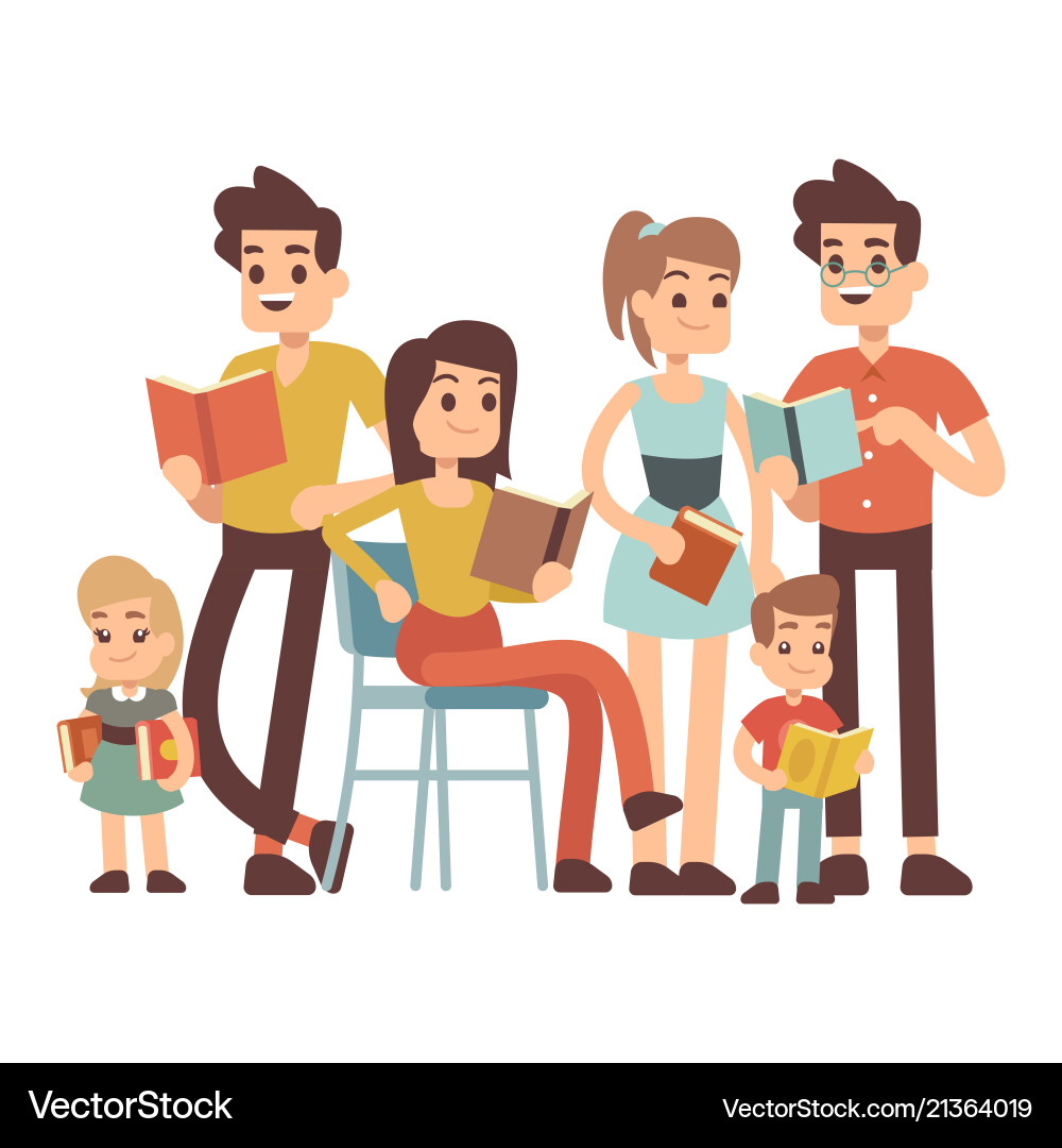 Cartoon Charakter Kinder und Erwachsene mit Büchern Vektorbild