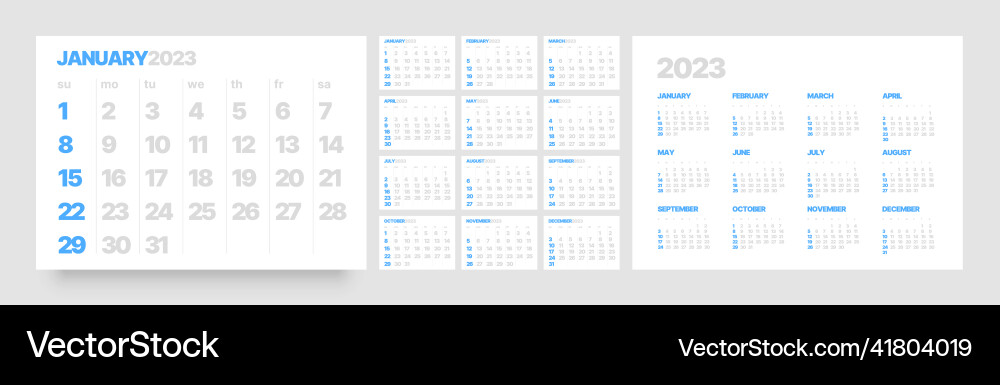 Monatlicher Kalender für 2023 Jahre beginnt am Sonntag Monatlicher Kalender für 2023 Jahre beginnt am Sonntag vektorbild
