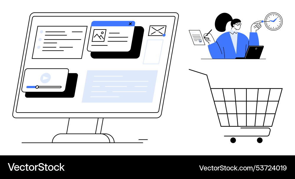 Office worker using desktop computer with online Office worker using desktop computer with online vector image