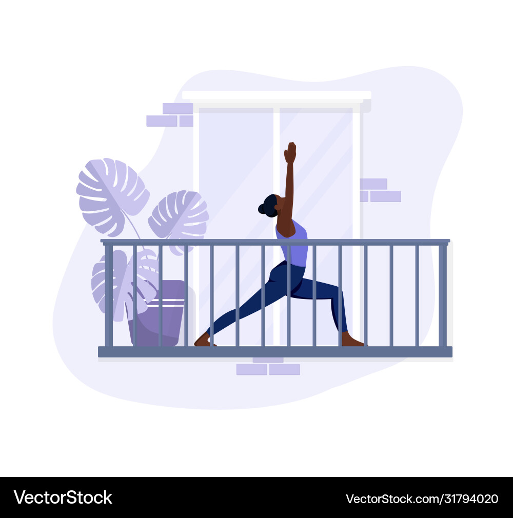 African american girl doing yoga on balcony African american girl doing yoga on balcony vector image