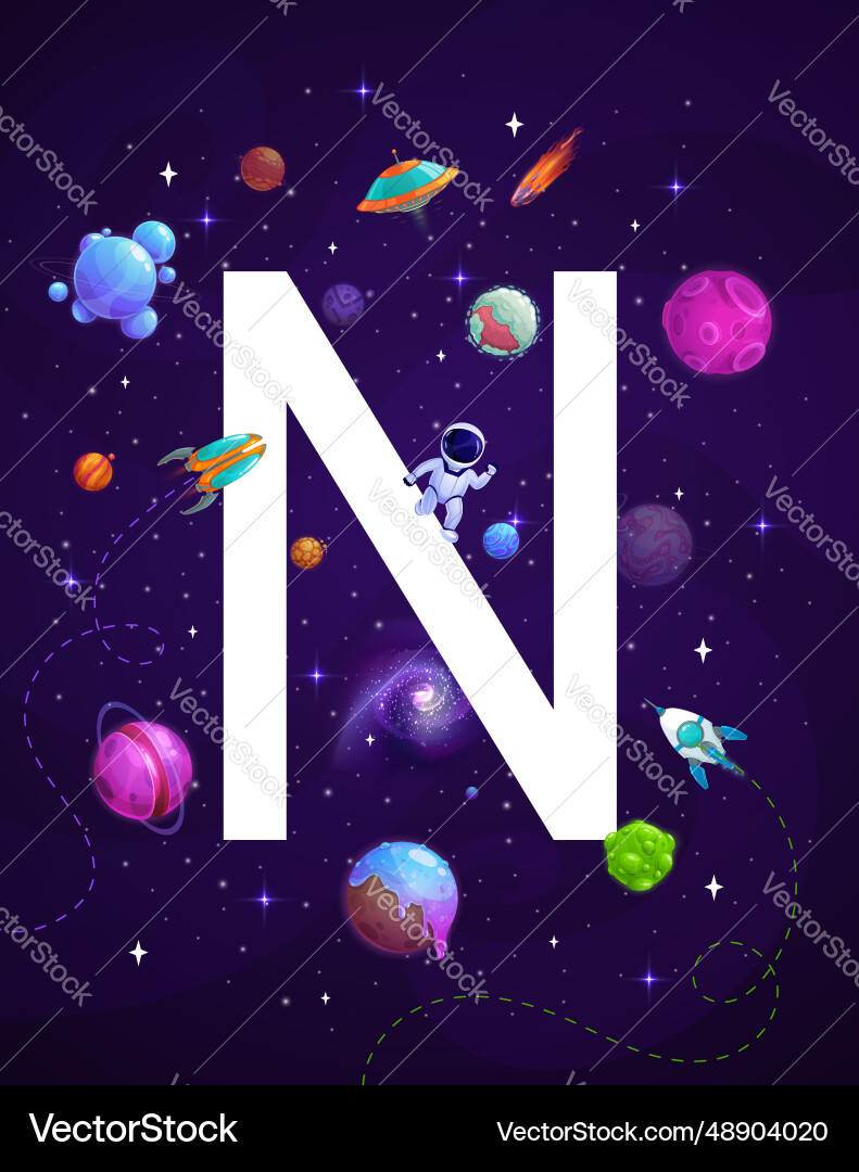 Cartoon space letter n on starry galaxy background Cartoon space letter n on starry galaxy background vector image