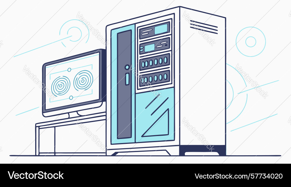 Data center server rack with monitor in a clean vector image