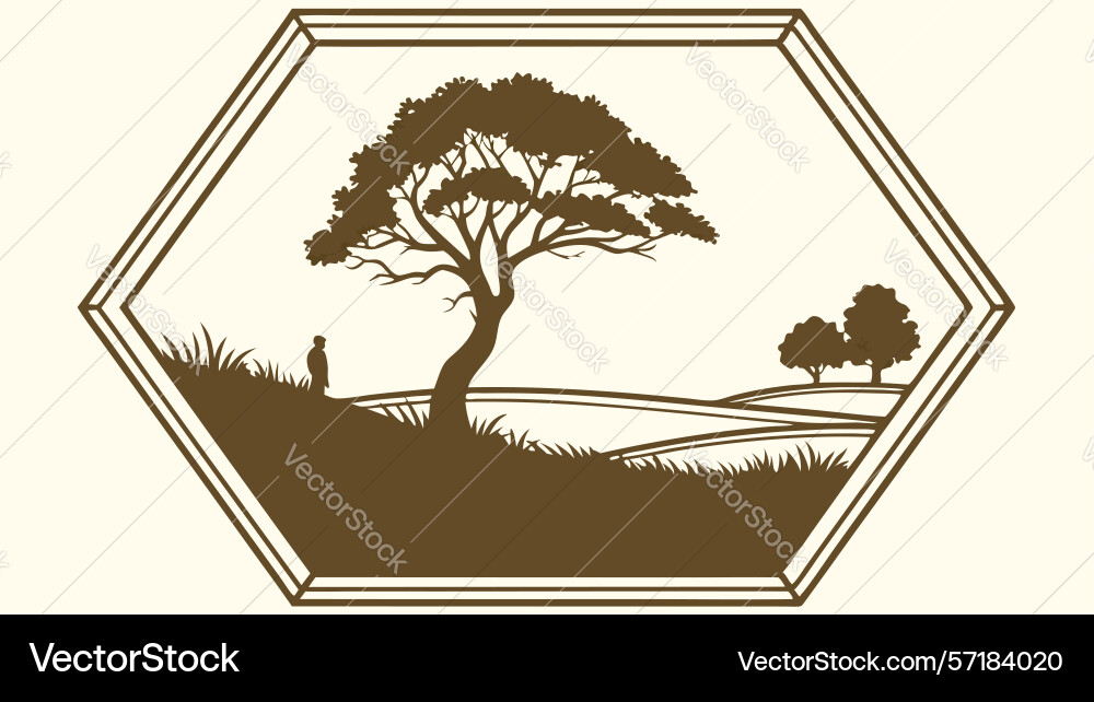 Rustic hexagonal landscape scene with tree vector image