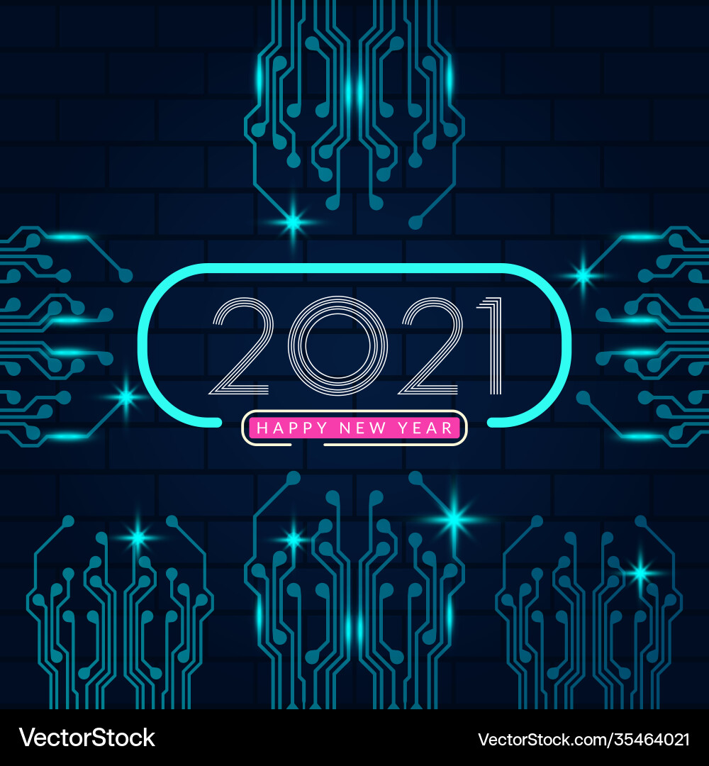 2021 happy new year text design with circuit 2021 happy new year text design with circuit vector image