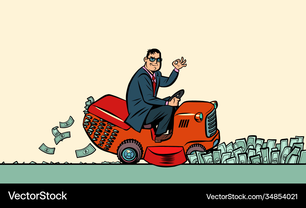 A businessman cuts money with lawn mower A businessman cuts money with lawn mower vector image