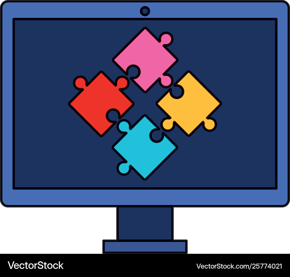 Desktop with puzzle game pieces solution Desktop with puzzle game pieces solution vector image