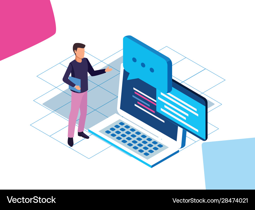 Man with laptop computer and speech bubbles Man with laptop computer and speech bubbles vector image
