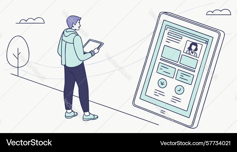 Person engaging with a tablet showing graphs Vector Image
