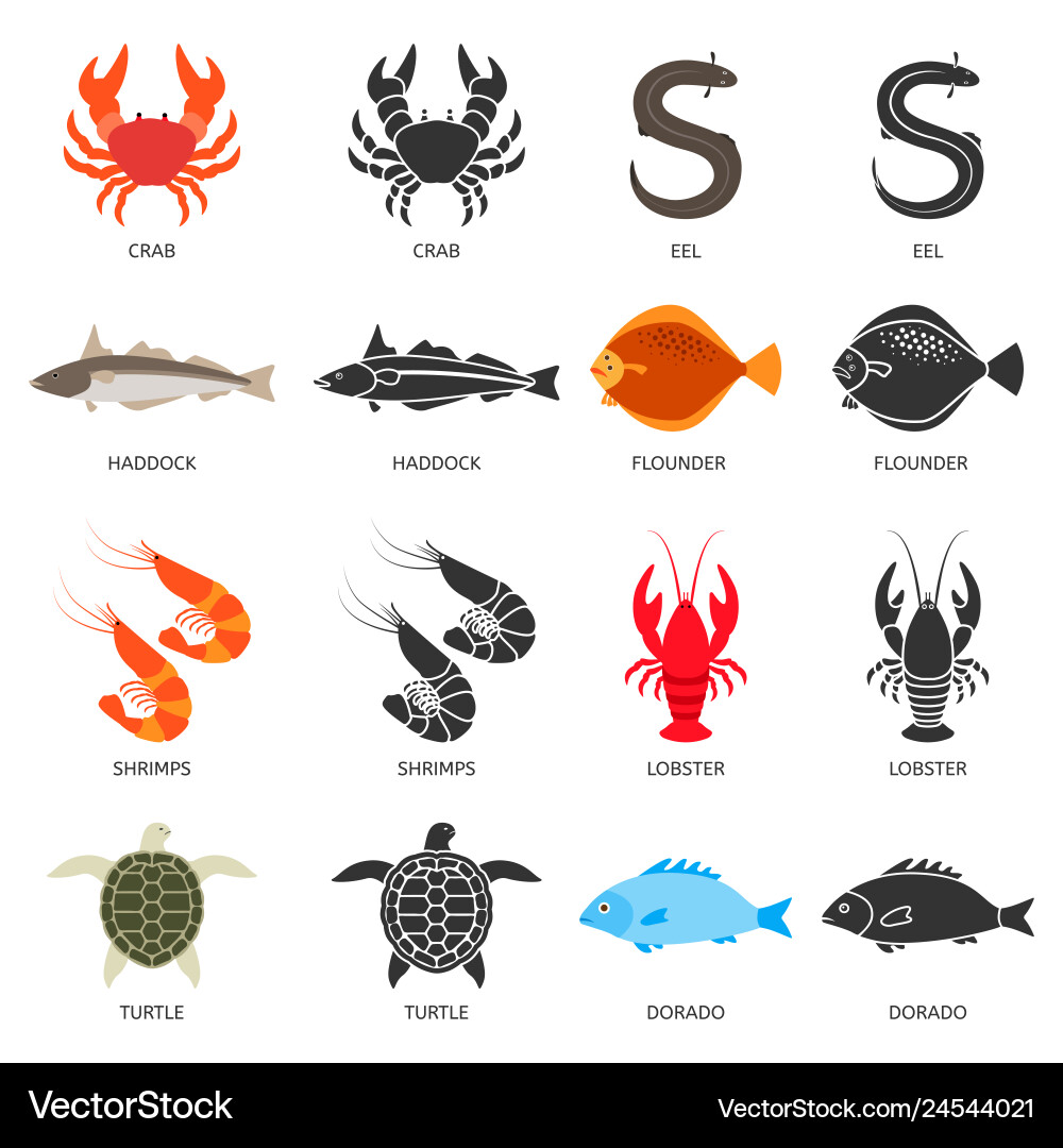 Seafood and fish icons set with two types Seafood and fish icons set with two types Vector Image