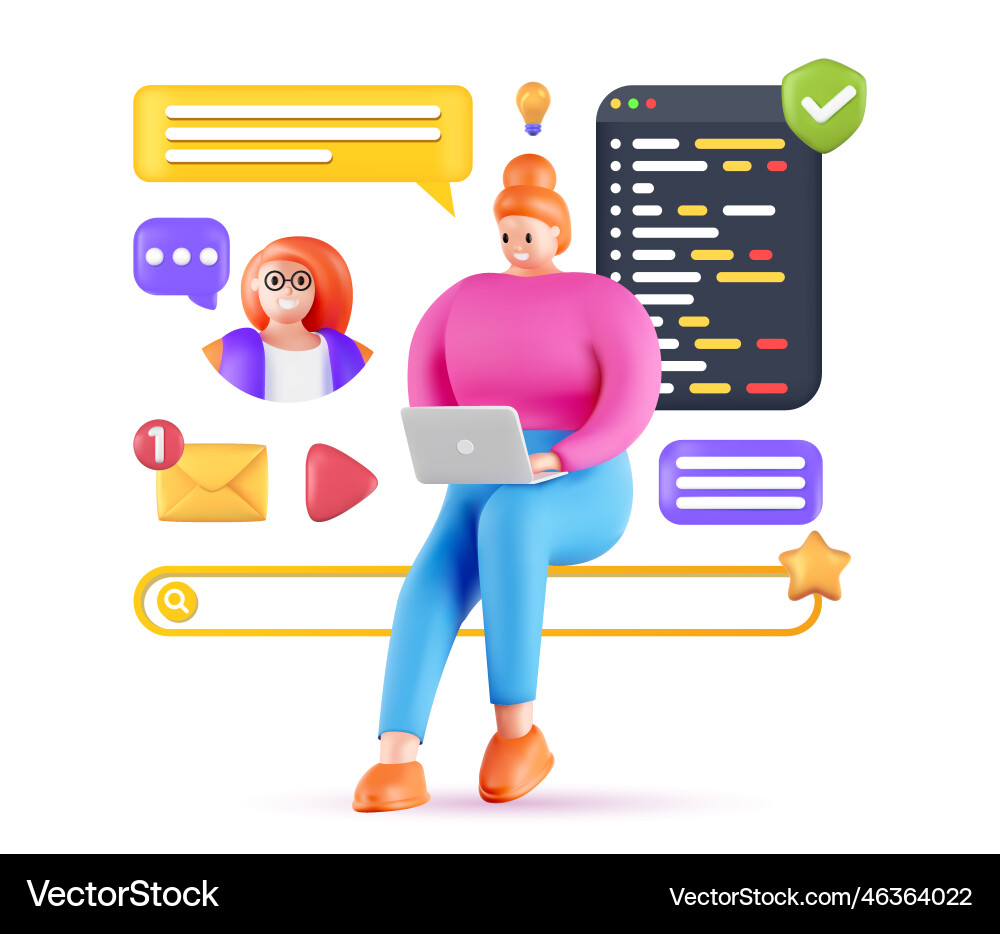 3d cartoon character with computer 3d cartoon character with computer vector image
